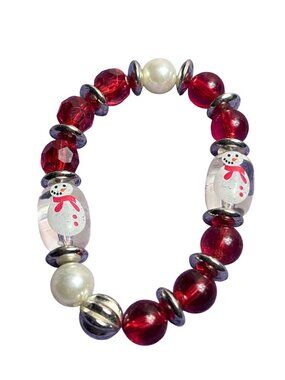 Plastic Beaded Stretchy Bracelet Red Silvertone Faux Pearl Clear Snowmen